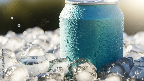 Cold beverage can chilling in ice cubes on a sunny day.