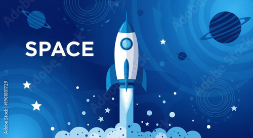 Rocket ship blasting off into outer space with planets and stars