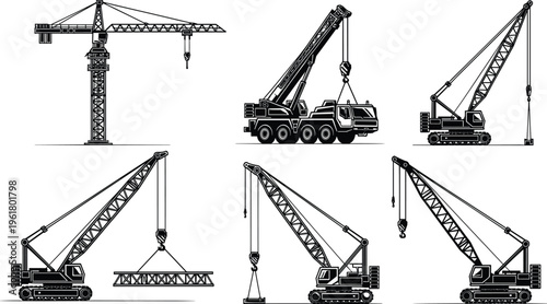 Collection of industrial construction crane silhouettes, featuring tower cranes, mobile hydraulic truck cranes, crawler cranes, and heavy lifting machinery for building engineering projects.