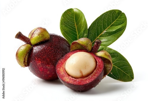 Fresh Mangosteen Fruit with Green Leaves Isolated on White Background.