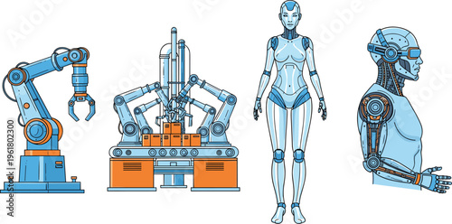 Futuristic robotics and industrial automation set, featuring humanoid androids, robotic assembly arms, cyborg technology, and smart factory machinery for advanced science and engineering