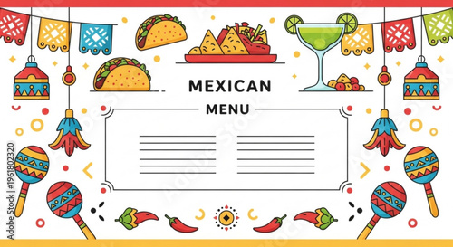 Colorful mexican menu template with tacos maracas and margarita festive decorations