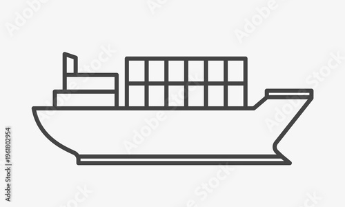 Outline boat with container. Deliver ship for export by ocean