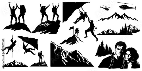 Extreme sports and adventure activities black silhouettes vector set. Skateboarder, surfer, rock climber, skydiver, mountain biker, and motocross rider isolated
