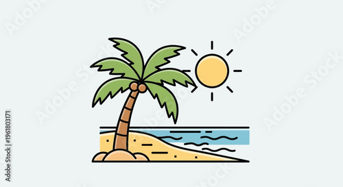 A cartoon palm tree on a sunny beach.