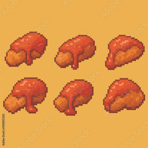fried chicken with ketchup pixel art, eps 10 illustration