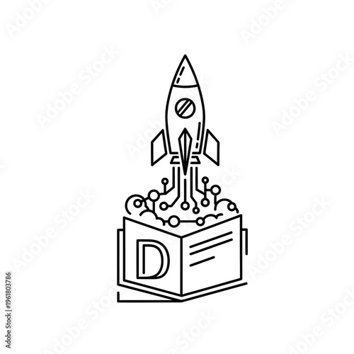 Digital Innovation Concept: Rocket Launching from Open Book with Circuit Board Trail and Letter D Icon