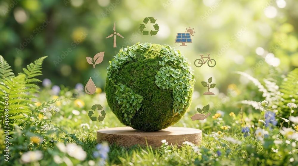 Naklejka premium Eco friendly green earth with conservation icons