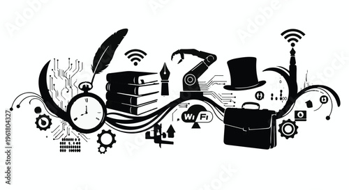 business and technology concept with office supplies and icons