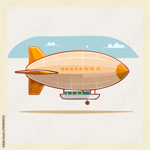 Classic cartoon blimp illustration gracefully navigating the serene blue sky, a vintage airship design