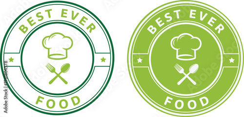 Best ever food badge label with chef hat fork and spoon icon in green circular emblem design, organic restaurant quality seal concept of healthy cuisine excellence and premium product branding
