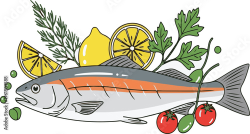 Fish illustration on a green background with water elements