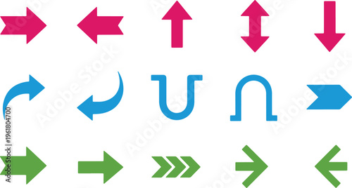 Collection of various directional and functional arrow symbols in three distinct colors