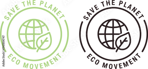 Save the planet eco movement badge with globe and leaf icon in circular line design, green and black environmental logo isolated on transparent background, concept of sustainability