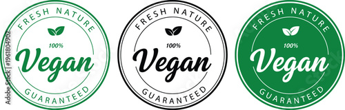 Vegan organic label badge with leaf icon and fresh nature guarantee text in circular emblem style, minimal vector design representing healthy food, eco lifestyle and plant based 