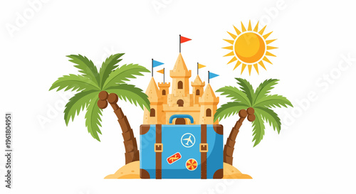 A colorful sandcastle and blue suitcase on a sunny summer beach with palm trees