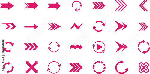 Collection of various directional and functional arrow icons in pink color