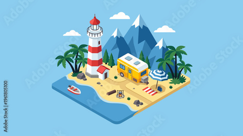 Summer vacationers enjoy a serene beach scene with a lighthouse, palm trees, and a campervan amidst mountains.