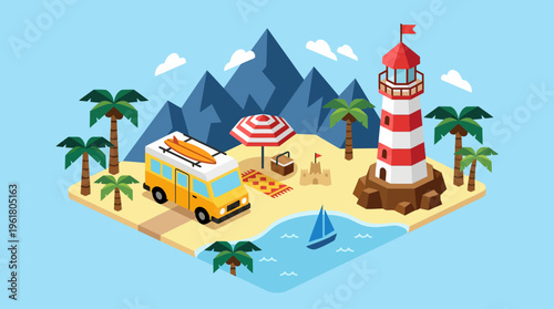 Summer vacation scene with a colorful lighthouse, palm trees, and a food truck on a tropical island surrounded by mountains and a sailboat in the sea.