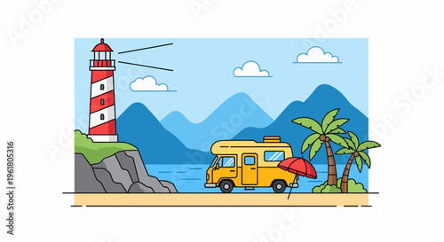 A yellow school bus drives along a scenic summer coastal road with a lighthouse, mountains, and palm trees.