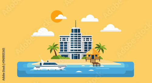 A serene summer scene of a boat sailing near a tall building on a tropical island with palm trees under a sunny sky.