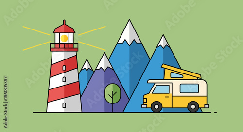 A colorful illustration of a lighthouse, mountains, and a camper van on a summer day.