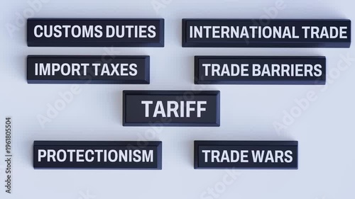 4K 3D Video Animation Tariffs and Trade Barriers Concept with Floating Text Blocks, Global Trade Policy Illustration