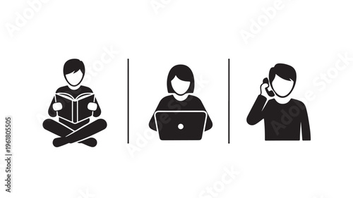 Three People Engaged In Various Activities For Business Communication Concepts