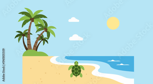 A green turtle walks towards the ocean on a sandy beach with palm trees under a sunny summer sky.