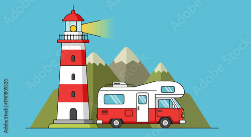 A red and white lighthouse stands beside a camper van on a green hill during summer.