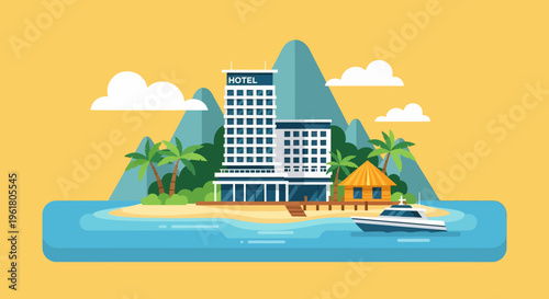 Summer vacationers relax on a tropical island getaway with a hotel and boat