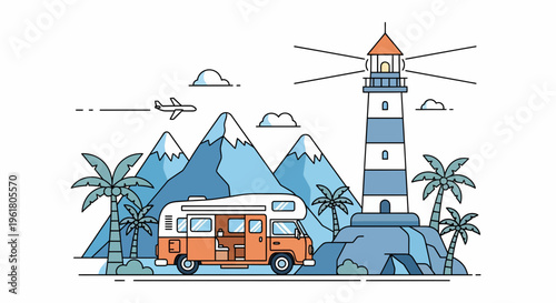 Summer vacation road trip adventure with bus, lighthouse, mountains, and palm trees.