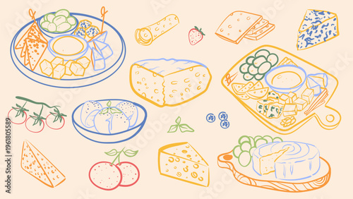 Hand drawn cheese set with various types of cheese, charcuterie boards, grapes and tomatoes. Colorful ink line art vector illustration of dairy products and snacks for menu design.