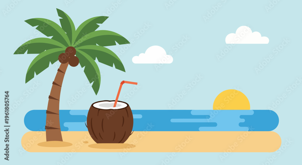 Obraz premium A serene summer beach scene with a coconut drink under a palm tree.