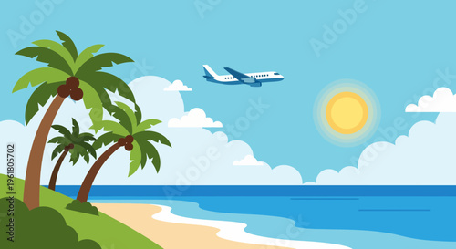 A serene summer beach scene with palm trees, a plane flying overhead, and a sunny sky reflecting on the calm ocean water.