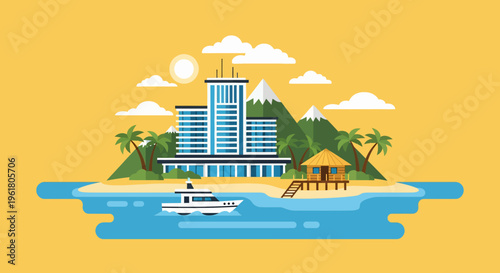 Summer vacationers enjoy a serene tropical island with a modern skyscraper resort and a boat sailing by the shore surrounded by palm trees and mountains.