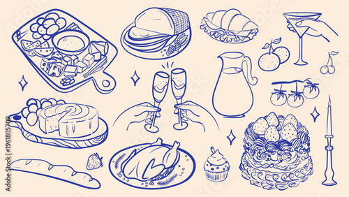 Hand drawn holiday food and drink vector set with roast turkey, cake, cheese board, and champagne clinking. Line art illustration of gourmet feast for menu or invitation design.