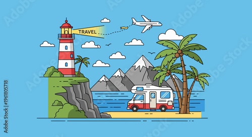 A vibrant summer illustration of a lighthouse, camper van, and palm trees on a tropical island with mountains and planes in the sky.