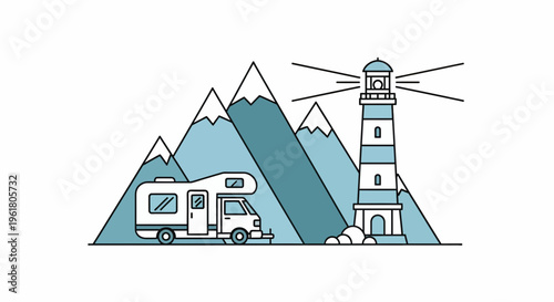 Traveler parks RV near lighthouse on summer mountain road trip