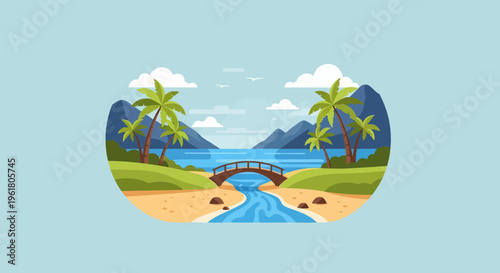 A serene summer scene of a bridge over a stream flowing into the ocean, surrounded by palm trees, mountains, and lush greenery.