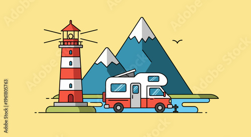 A camper van parks near a lighthouse on a summer vacation by the serene mountain lake.