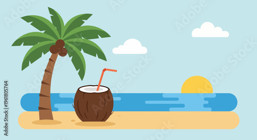 A serene summer beach scene with a coconut drink under a palm tree.