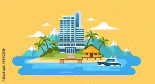 A summer vacation spot with a hotel resort on a tropical island surrounded by palm trees and a boat in the ocean.