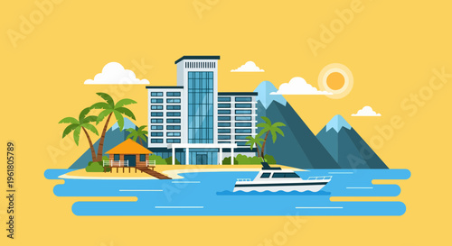 Summer vacationers relax at a tropical resort with palm trees and a boat on the water near mountains.