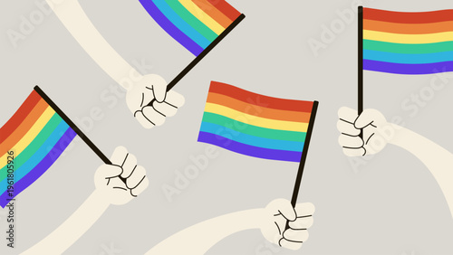 Multiple hands holding rainbow LGBT flags. Flat vector illustration of Pride Month, diversity, human rights, community support and equality concept.