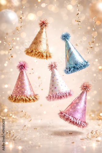 3D pink and gold glitter party hats falling on celebratory background