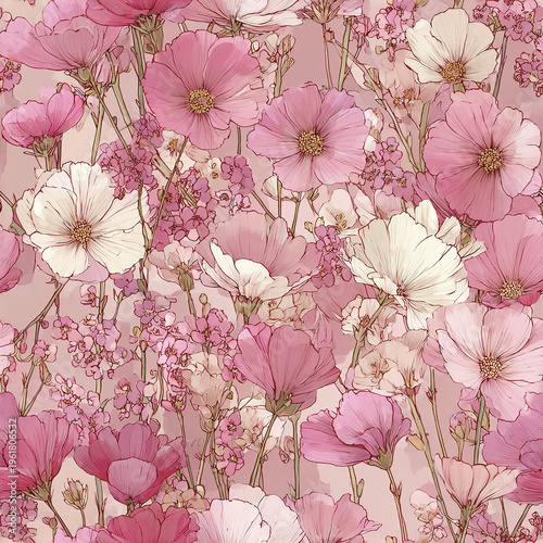 Delicate pink wildflower pattern with soft white and light pink petals creating gentle and elegant floral surface design full of natural beauty and calmness