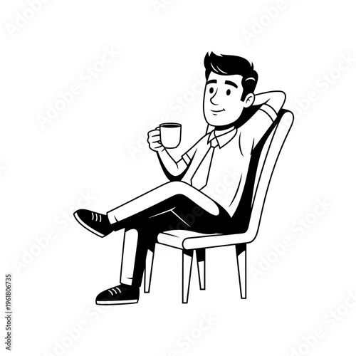 A relaxed businessman taking a break with a coffee cup in a chair