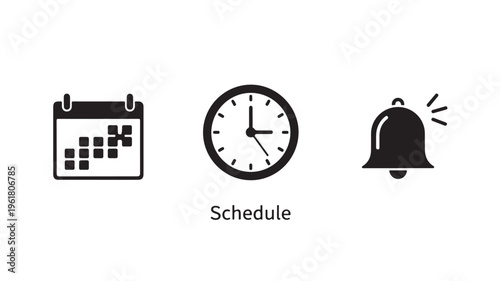 Schedule Icons Calendar Clock Bell For Time Management Concepts