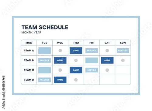 A team schedule chart displays Team A, Team B, Team C, Team D, and calendar on a whiteboard
